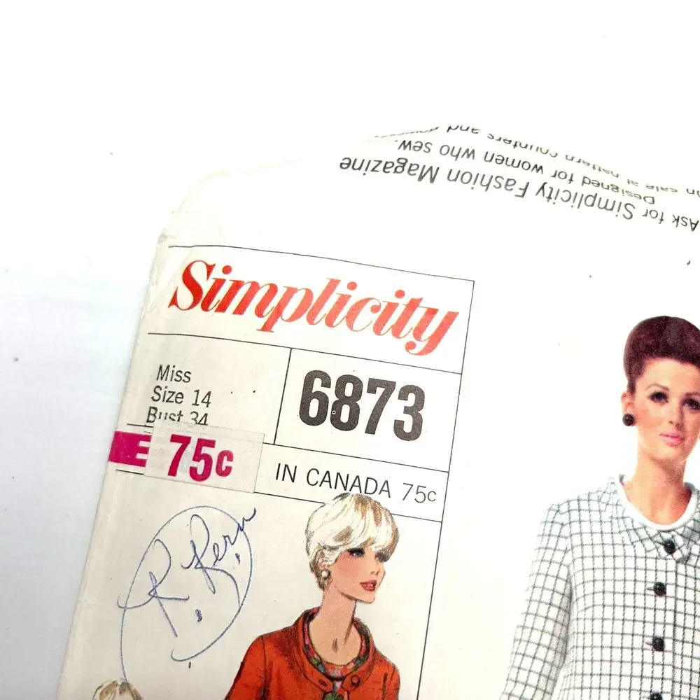 Simplicity Designer Vintage 1960's Pattern‎ #6873 Misses Suit and Blouse Size 14